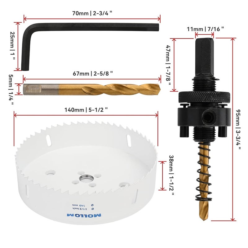 Mollom (140mm | 5-1/2") HSS M42 with 8% Cobalt BI-Metal Hole Saw with 2 Pilot Drill Bits & Arbor Smooth Cutting for PVC,Drywall,Wood,Plastic,Gypsum Board,Rubber - Image 2